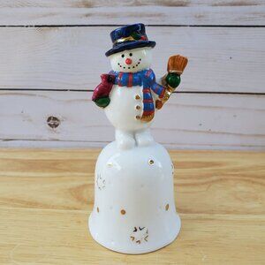 Snowman Figurine Porcelain Dinner Bell Scarf Top Hat Christmas Holiday Season